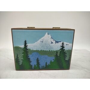 Vintage Enameled Wooden Box NW Mountain Scene Artisan Design Mount Hood & Lake